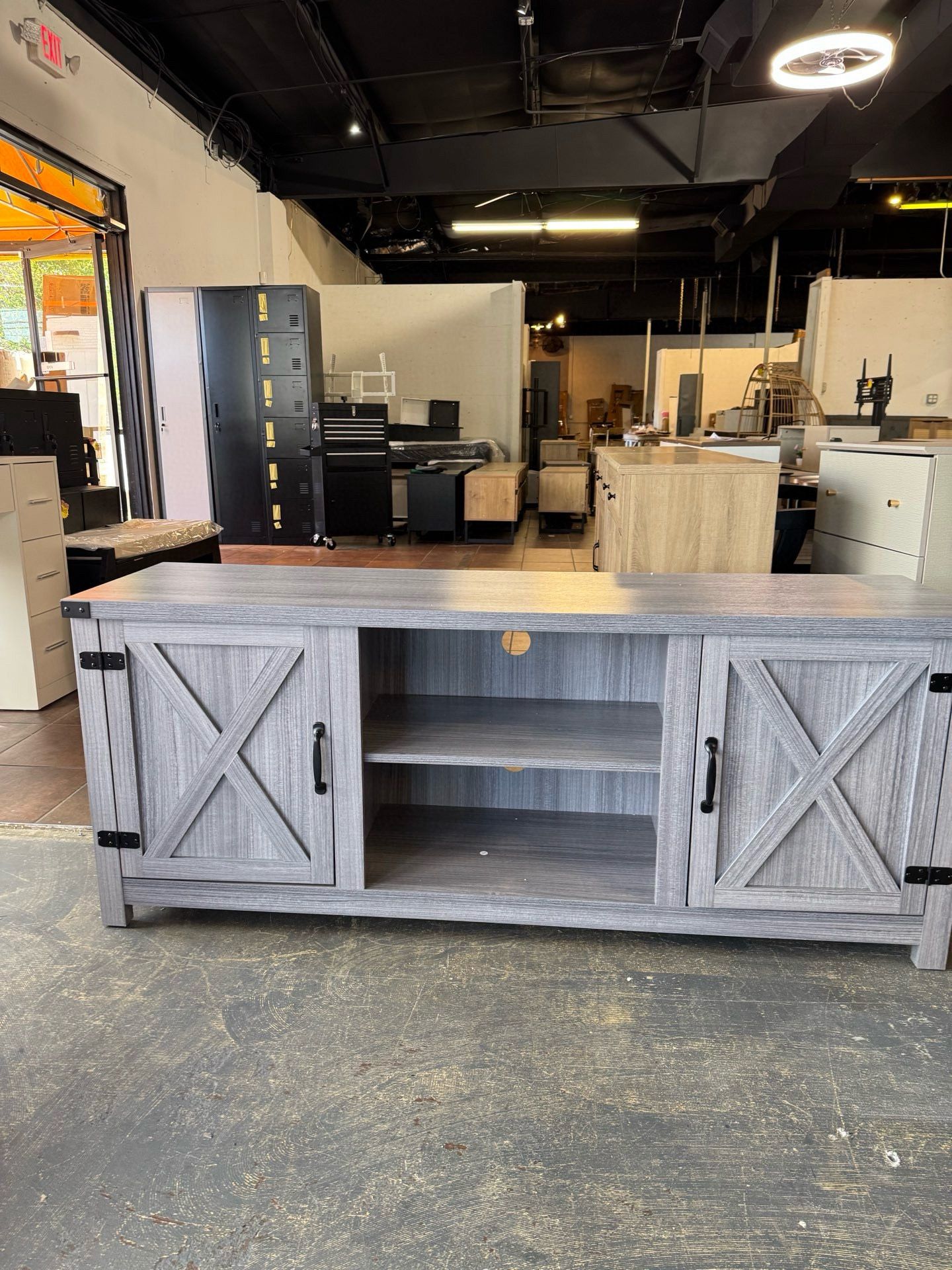 Modern Farmhouse TV Stand with Two Barn Doors and Storage Cabinets for Televisions up to 65+ Inch, Entertainment Center Console Table, Media Furniture