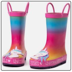 Kids Rain Boots with Handles Waterproof Rubber-Rainbow Unicorn