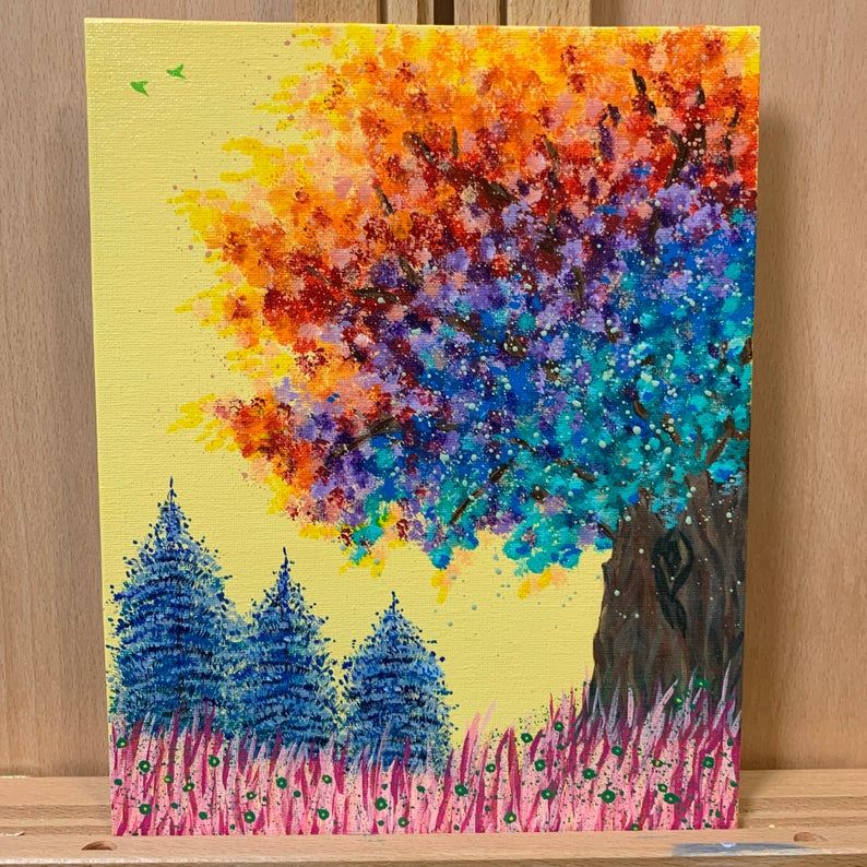 Technicolor Trees Original Acrylic Painting, Beautiful Sharp Colors, Handmade