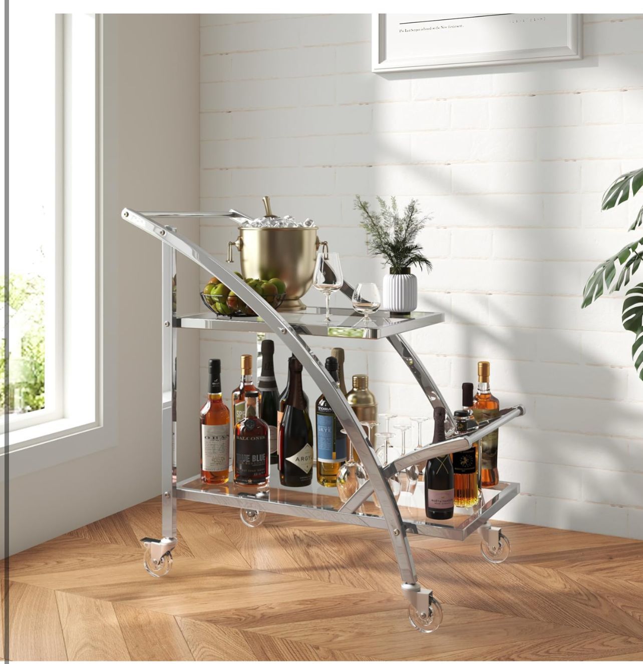 Brand New In The Box- Bar Cart, 2-Tier Chrome & Glass Serving Cart with Wheels, Modern Home Bar Serving Cart for Kitchen, Living Room, Dining Room wit