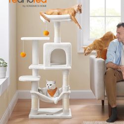 Feandrea Cat Tree, 44.1-Inch Cat Tower for Indoor Cats, Multi-Level Cat Condo with 4 Scratching Posts, 2 Perches, Hammock, Cave, Cream White