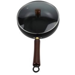 Traditional Hand Forged Iron Cooking Pot Big Belly Wok Uncoated Cast Iron Frying Pan For Home Kitchen Cooking Heat Distribution 24cm L glass lid)