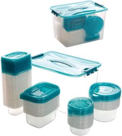 BINO 100-Piece Reusable Plastic Food Storage Container Variety Set with Lids, Light Blue