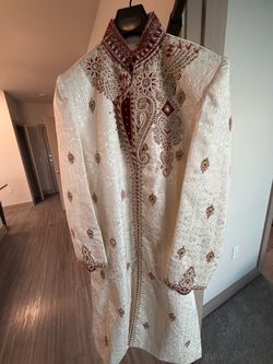 Men’s Ivory & Burgundy Wedding Sherwani – Size 42
