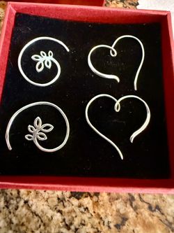 2 Pairs 925 Sterling Silver Wire Hoop Earrings Set - Heart & Leaf