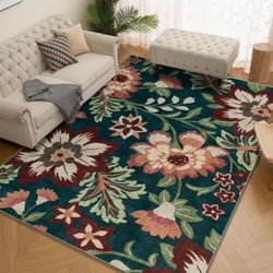 8x10 Area Rug Indoor Non-Slip Large Green Carpet Thin Soft Washable Living Room Bedroom