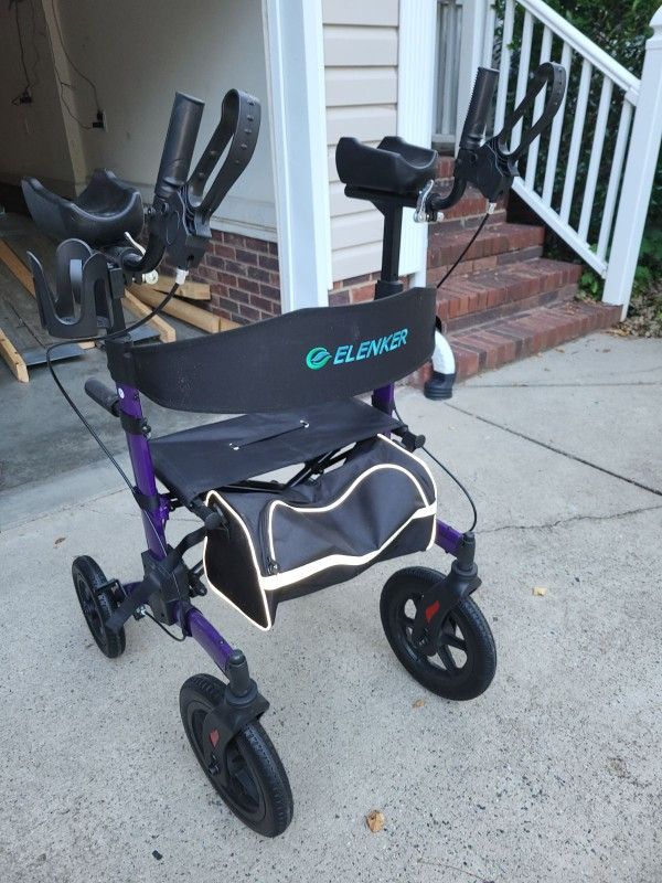 ELENKER All-Terrain Upright Rollator Walker, Stand up Rolling Walker with Seat, 12” Non-Pneumatic Tire Wheels, Compact Folding Design 

