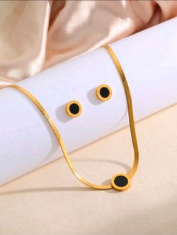 Gold Herringbone Necklace and Stud Earrings Set
