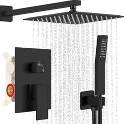 New In Box Matte Black Wall Mounted Bathroom Shower Rainfall  16 Inch Mixed Hot And Cold Water Embedded Box Control Valve