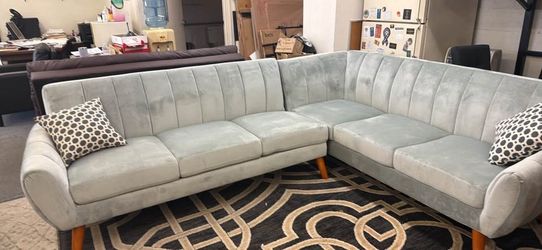 New Mid Century Sectional. Grey Velvet. 111” X 85”. Free Delivery!