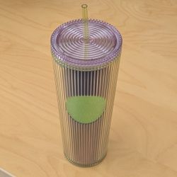 New Starbucks 24 Oz Neon Green Purple Tumbler Iced Coffee Cup Striped Pleated Lime Lilac