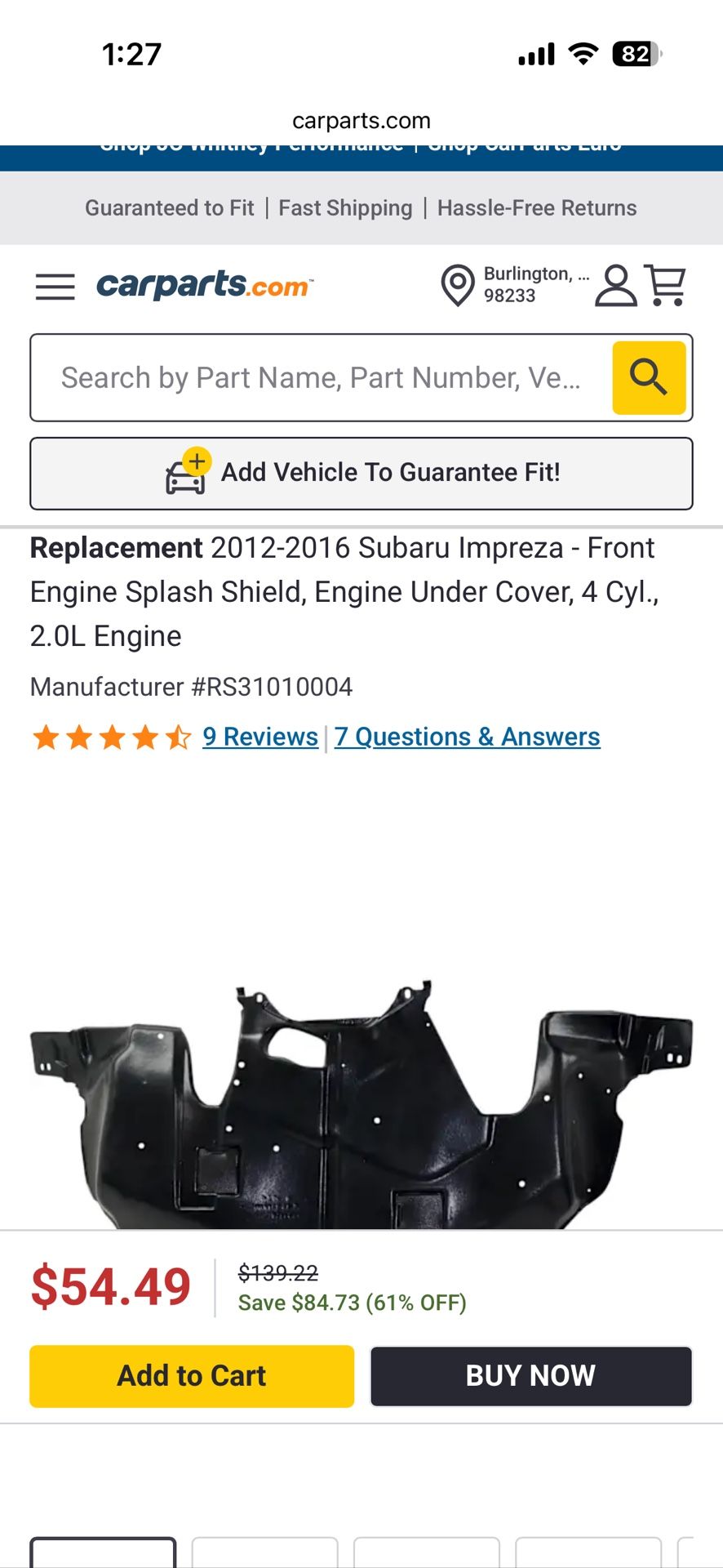 Front splash shield for 2012-2016 Subaru Impreza
