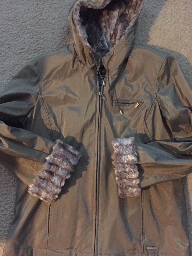 Brand New Raincoat /Jacket With Fake Fur Cuffs, Inner Hood And Collar