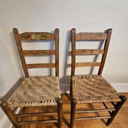 Pair Of Vintage Rustic Farmhouse Style Ladder Back Chairs With Woven Wicker Rattan Seat