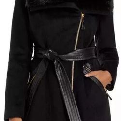 Via Spiga Kate Faux Leather & Fur Trim Belted Wool Blend Coat