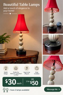 Set of 2 Red Glam Lamps w/ outlet port