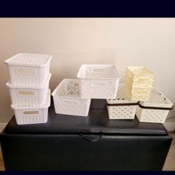 Lot Bundle Cute Plastic Storage Bin Containers  Baskets 3 With Lids White & Cream PRICE FOR ALL