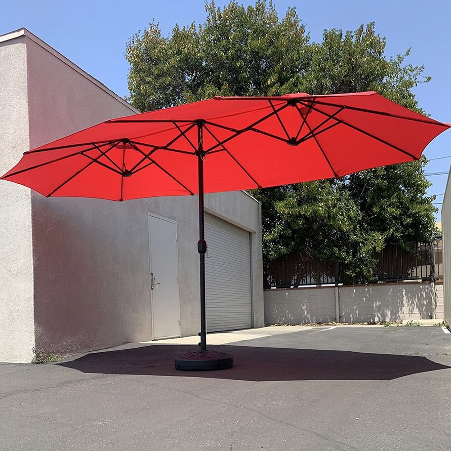 (NEW) $115 Large Double Sided Outdoor (15ft Umbrella and 65lbs Plastic Base set) Colors Red/Gray