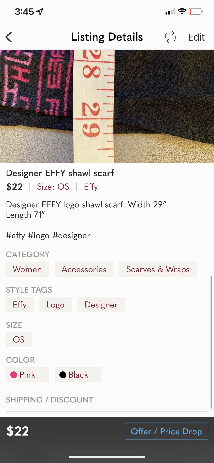 Designer EFFY logo shawl scarf. Width 29” Length 71”