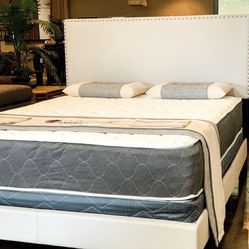 Brand New Queen Size Beige Velvet Nailhead Bed Frame With New Mattress Set/Fast Delivery
