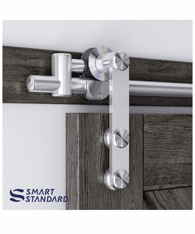 SMARTSTANDARD 6.6Ft Stainless Steel Sliding Barn Door Hardware Kit-Smoothly & Quietly-Easy To Install, Fits 36”-40” Wide Door Panel (J Shape)