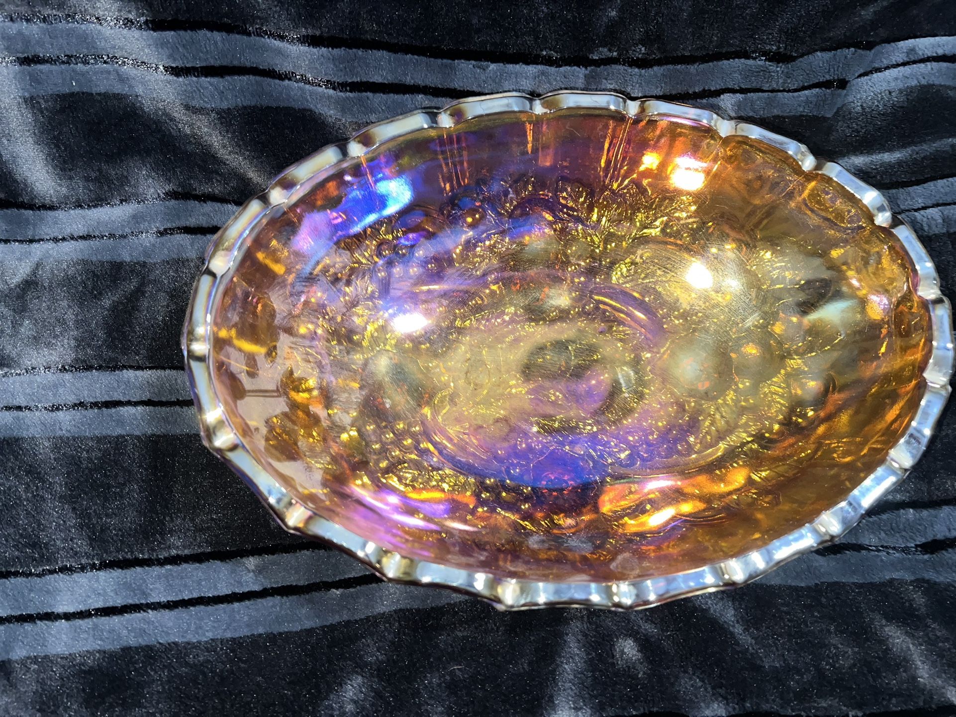 Carnival Glass - Iridescent Amber Footed Bowl