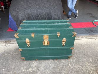 Vintage Green Steamer Trunk with Brass Hardware