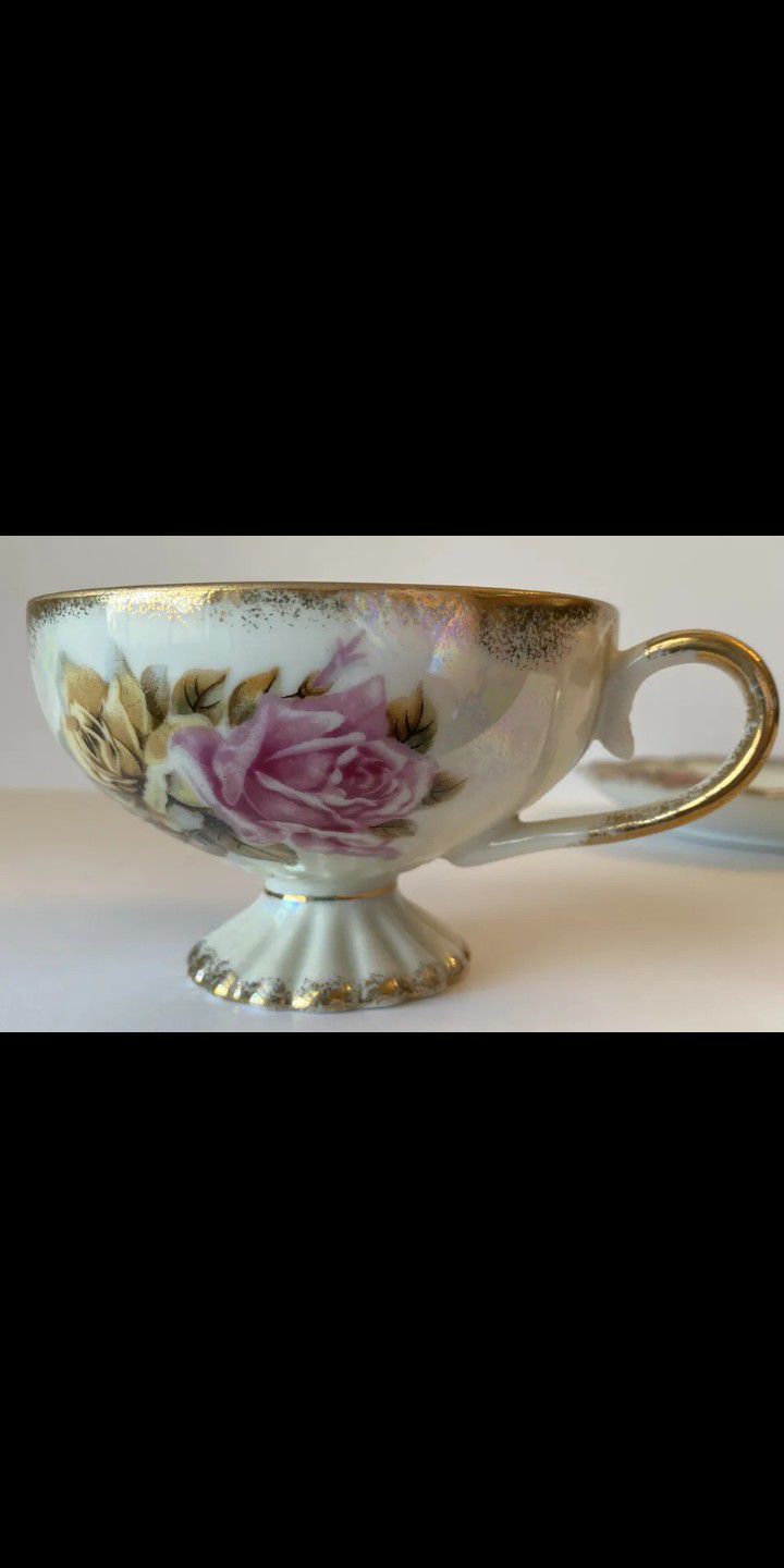 Arnart 5th Ave 2090 footed Tea Cup Saucer Vintage Floral Gold Rim Lusterware Pink and Yellow Roses