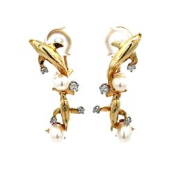 Absolutely Amazing Vintage Diamond and Pearl 14k Dolphin Earrings
