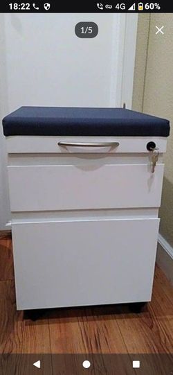 White Metal Keyed Office Storage Pedestal Rolling Locking Wheels Blue Cushion Seating Filing 4x Matching Available Delivery Possible