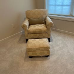 Bassett Designer Armchair + Matching Upholstered Ottoman – Like New, Never Sat On