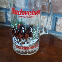 Budweiser Vintage 1989 Christmas Clydesdales Holiday Clear Glass Mug Stein
