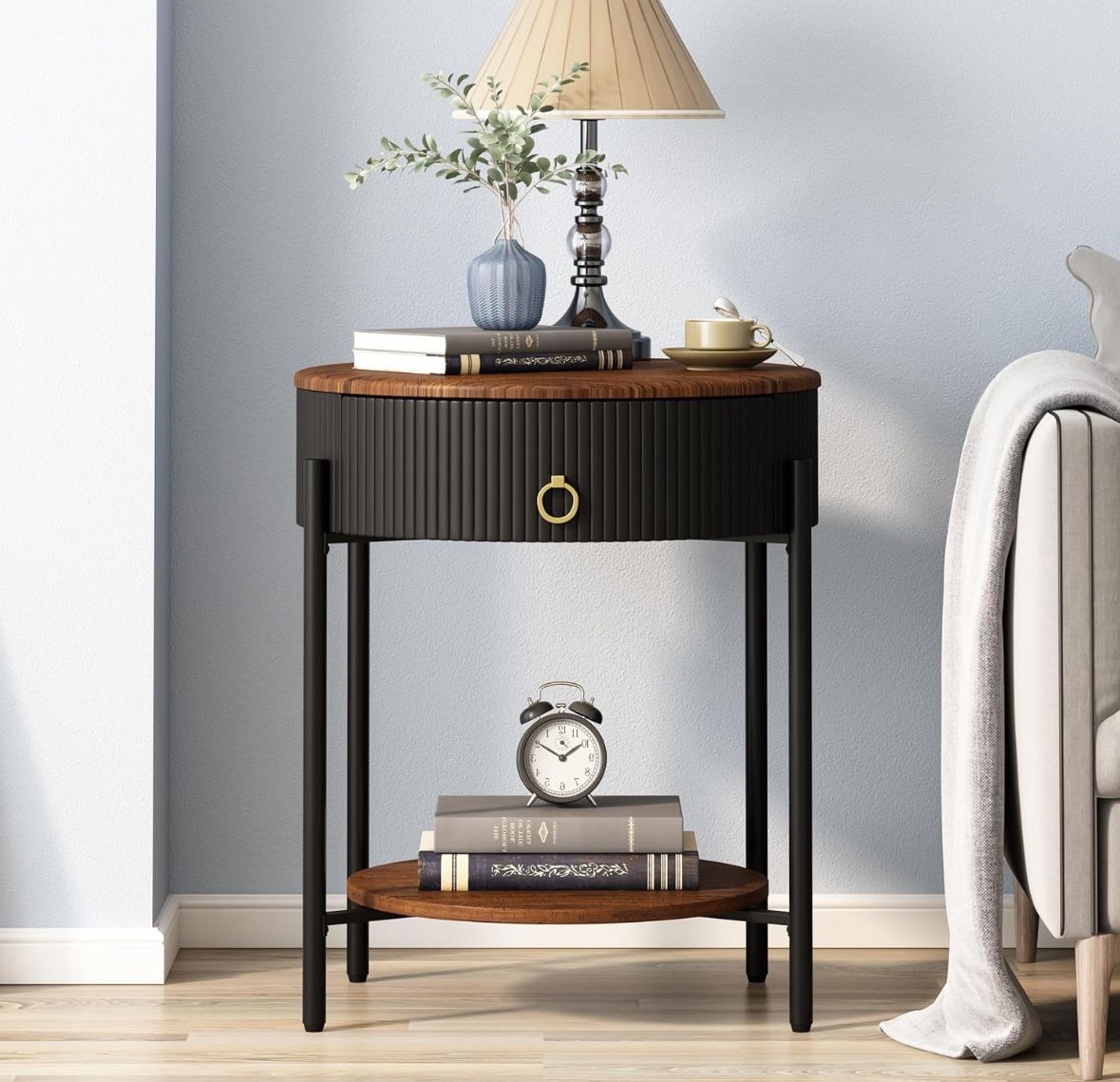 OIOG Modern Side Table with Drawer, Industrial 2 Tier End Table with Shelf, Wood Grain Nightstand with Storage for Living Room, Bedroom, Office, Dorm,