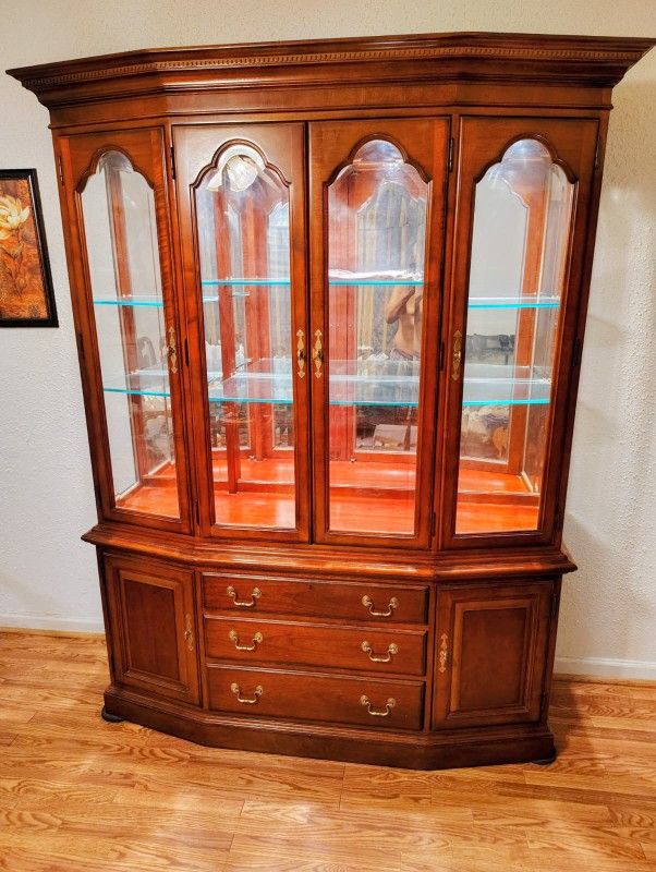Cherry Illuminated China Cabinet and Hutch