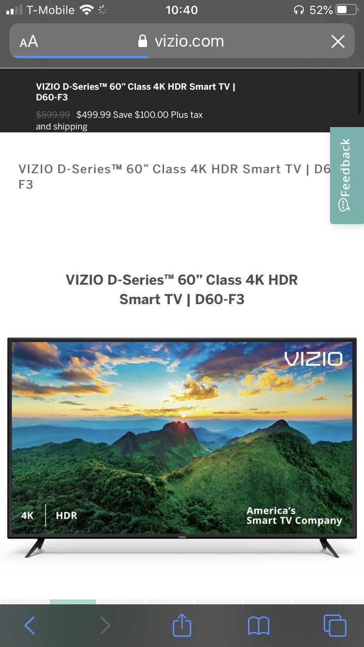 VIZIO DSeries 60” Class 4K HDR Smart TV D60F3 for Sale in Auburn