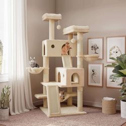 65in Larger Cat Tree Tower Condo for Indoor Kitties/Multi-Level Furniture Activity Center with Wide Base/Cozy Plush Cat Perches/Baskets/Sisal Scratchi