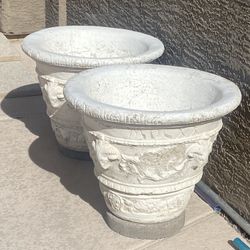 XL PAIR  CONCRETE  PLANTERS   XL CEMENT GARDEN POTS GREAT FOR TREES. ( W~ 26  Inches  H~ 21 Inches ) HAS DRAINAGE HOLE….  PAIR $150.oo    