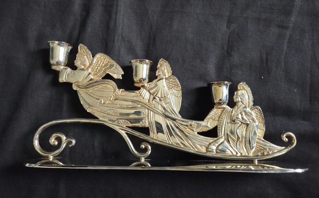 Vtg Silver& Gold Tone 3 Angels Candle Holder 12.75"x6"