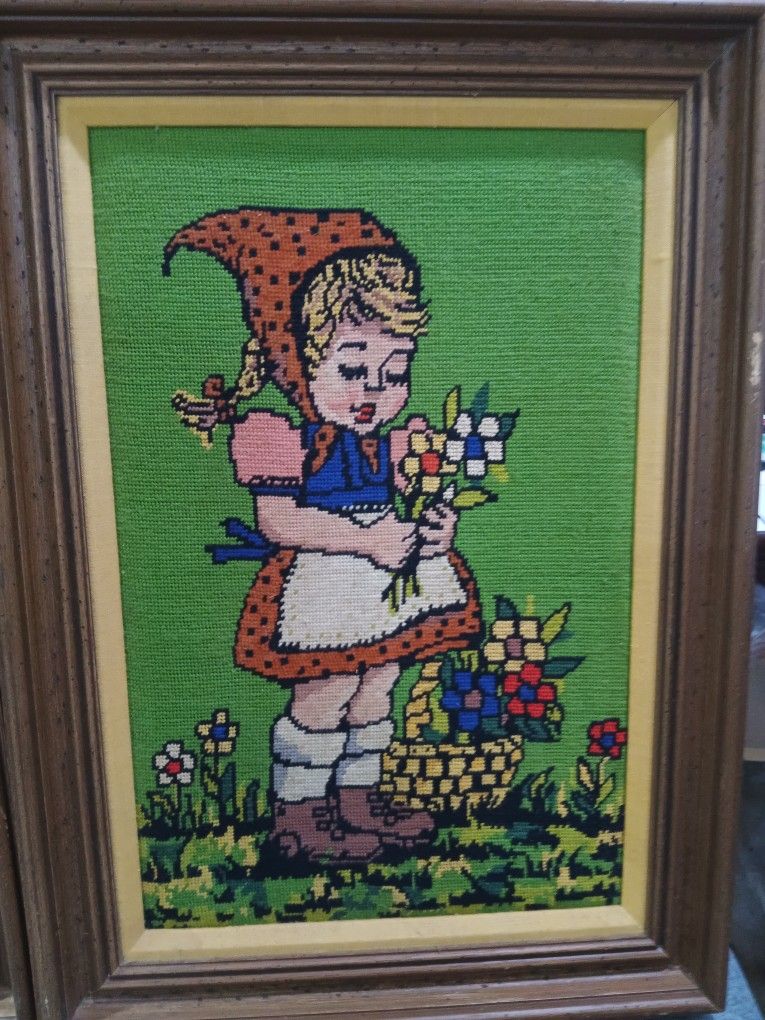 Vintage Framed Needlepoint Goebel Hummel Boy Girl Beautiful! Completed 24" X 17"