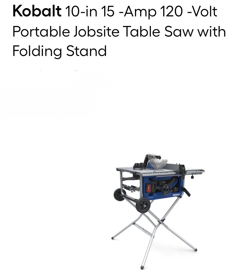 Kobalt 10 Inch 15 Amp 120 job site table Saw. Never Used. Assembled New Condition