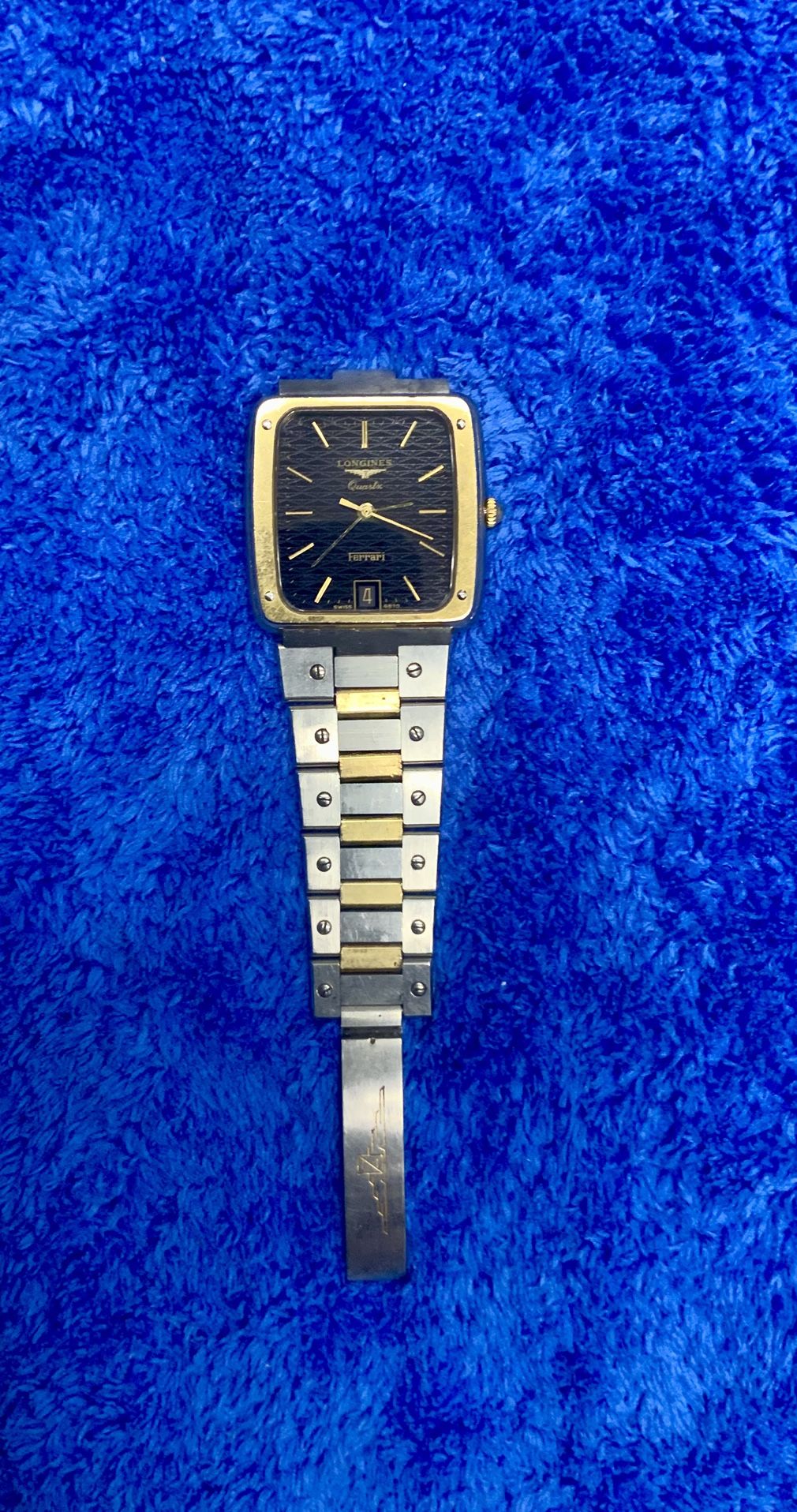 Vintage Longines Ferrari Quartz Watch Black Dial Date Window Gold Plated Bezel Two Tone Stainless Steel Bracelet Swiss Made Timepiece Luxury