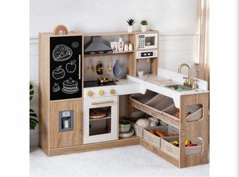 Brand new in the box- Corner Wooden Play Kitchen for Kids with Toy Storage Organizer with 6 Bins, Fridge, Stove, Oven, Microwave, Sink, Interactive Pr