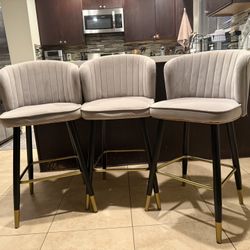 Set of 3 Gray Velvet Channel Tufted Counter Stools – Black & Gold Metal Legs – Modern Glam