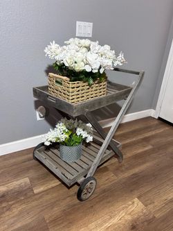 Wooden Two-Tier Rolling Serving Cart/ Plant Stand