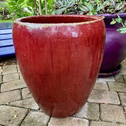 17.5” Red Glazed Tapered Ceramic Pot/ Planter: 15”W x 17.5”H