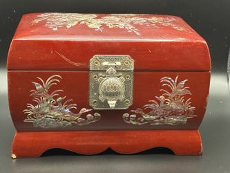 Vintage Korean Mother of Pearl Inlay Red Jewelry Box Peacock/turtle Mirror