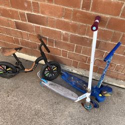 Three kids children’s bikes bicycles scooters for parts or repairs