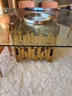 Glass Top Dining Table with Gold Brutalist Base
