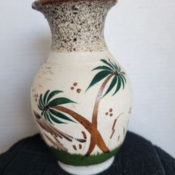 Hand Painted Tonala Sandstone Mexico Lava Glaze Vase Bird with Palm Trees 6"