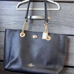 Coach Turnlock Pebbled Leather Chain Tote.